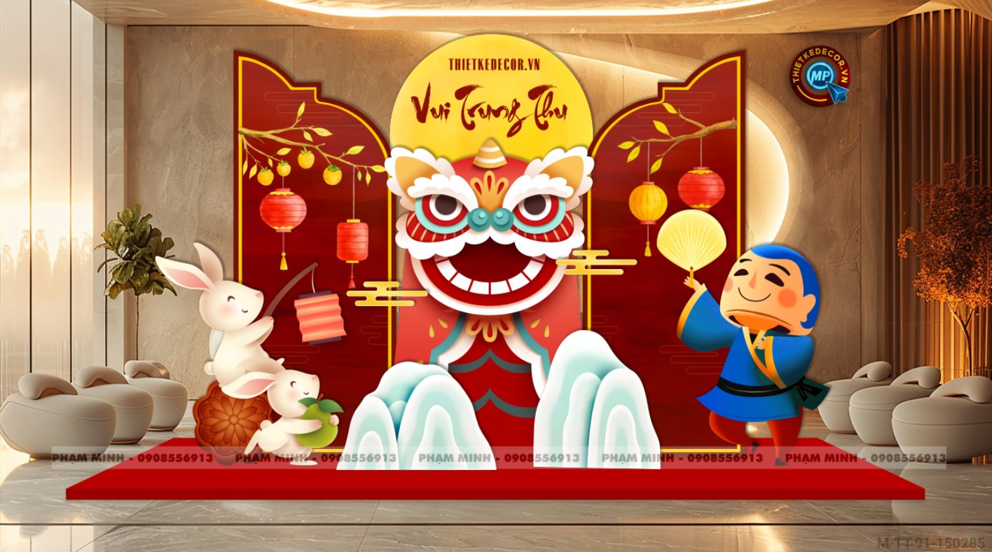 Backdrop Trung Thu đêm hội trăng rằm với đầu lân