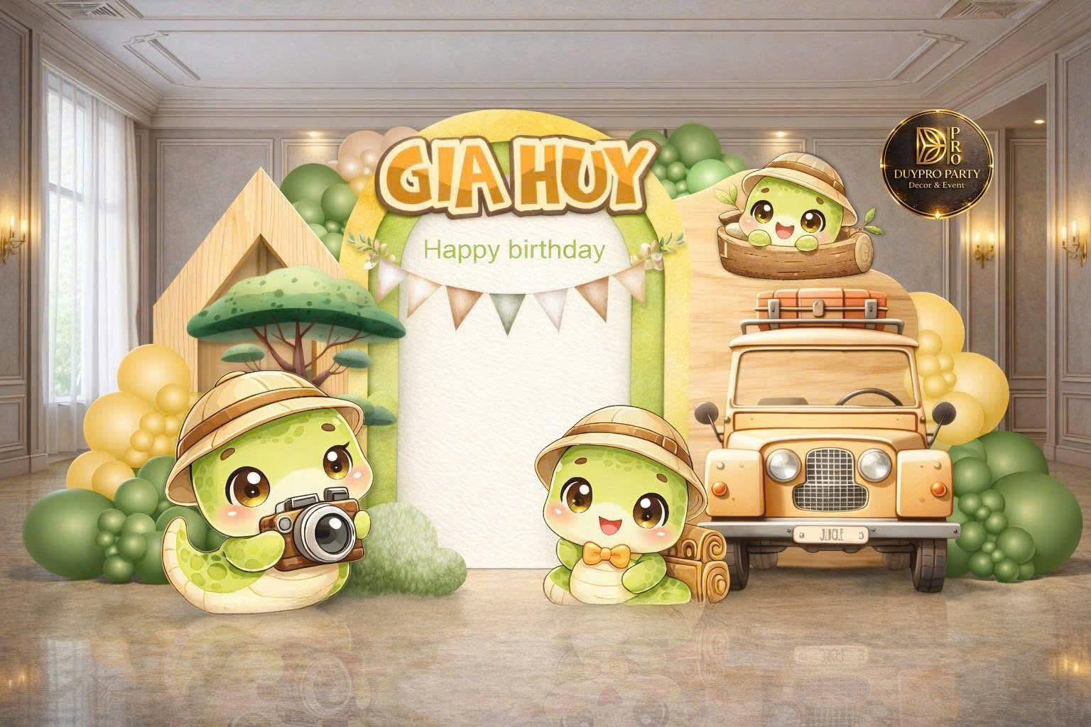 Trang trí sinh nhật cho bé trai concept dã ngoại tông xanh lá tại Bình Dương — backdrop tạo hình, cột bóng và phụ kiện do Lee Decor 247 thi công