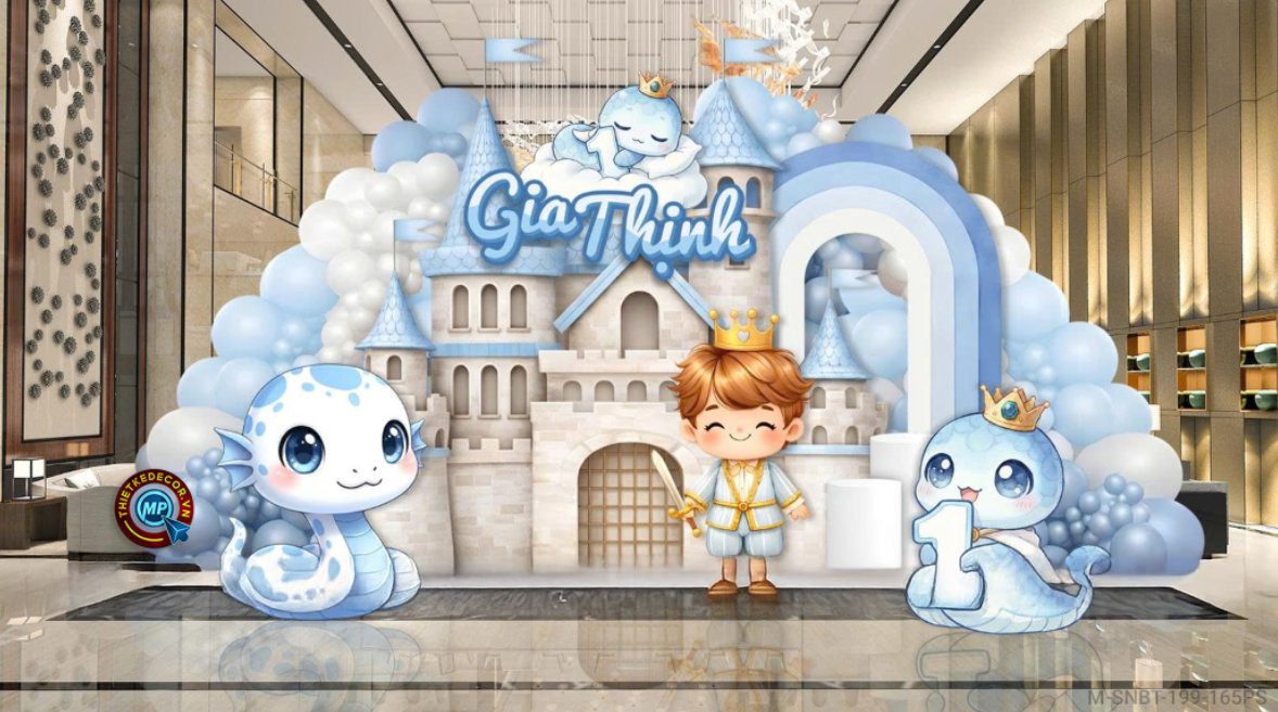 Trang trí thôi nôi cho bé trai concept hoàng tử – lâu đài tông xanh tại Thủ Dầu Một, Bình Dương — backdrop khổ lớn và cột bóng do Lee Decor 247 thi công tận nơi