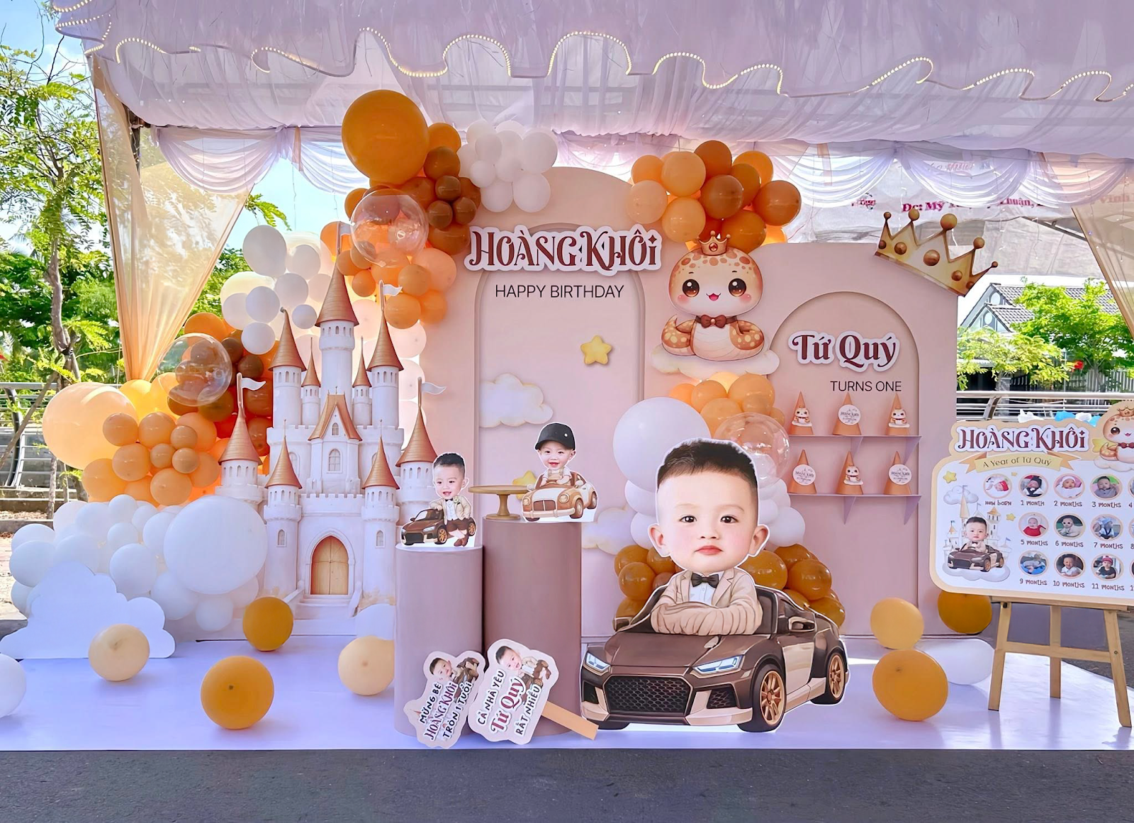 Trang trí tiệc thôi nôi, sinh nhật cho bé concept lâu đài tại Thuận An – Lái Thiêu, Bình Dương — backdrop cao cấp và cổng bóng do Lee Decor 247 thi công